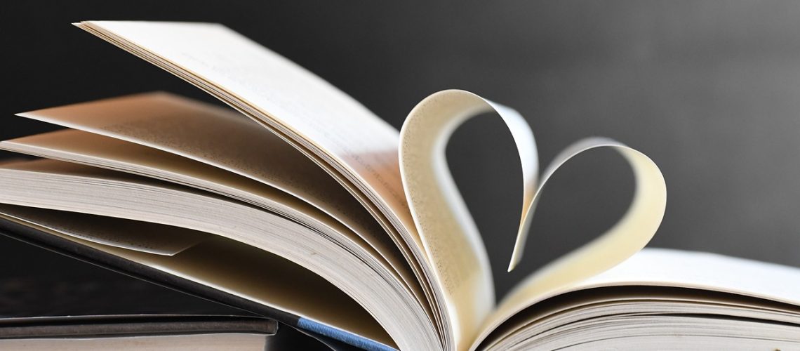 books, heart, pages